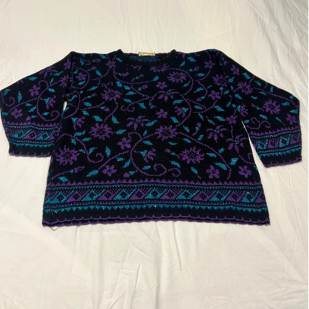 Vintage Dana Scott Floral Metallic Lurex Knit Sweater Purple Teal Black Large